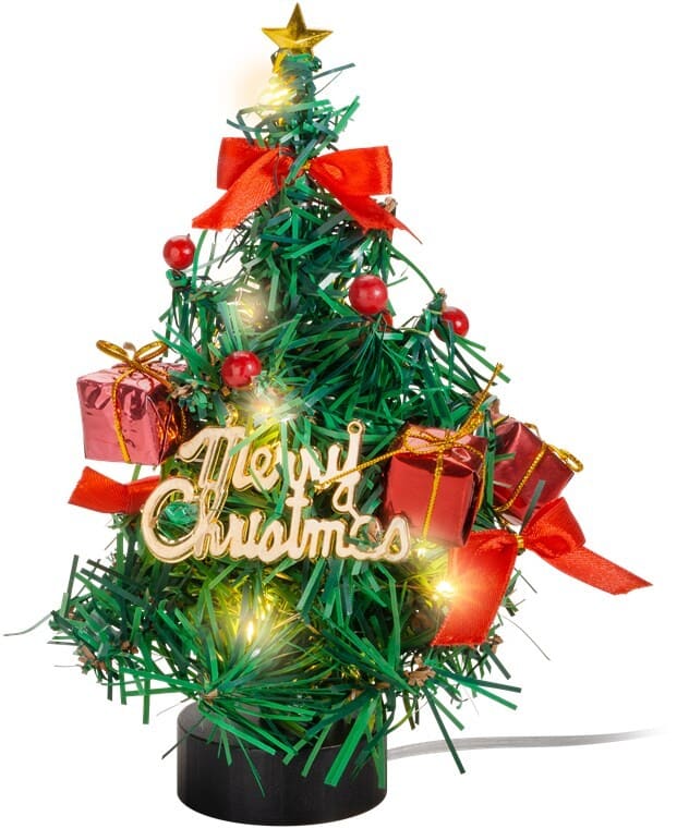 LED mini Christmas tree - festive Christmas atmosphere everywhere.Christmas tree LED with decoration - creates a festive Christmas atmosphere everywhere. 15 micro-LEDs in warm white (2700 K) and USB cable 75 cm, height approx. 22 cm. Atmospheric decoration for the table, desk, windowsill, living room or shop window during Advent and Christmas - suitable as a Christmas companion in the truck, mobile home or camping.goobay