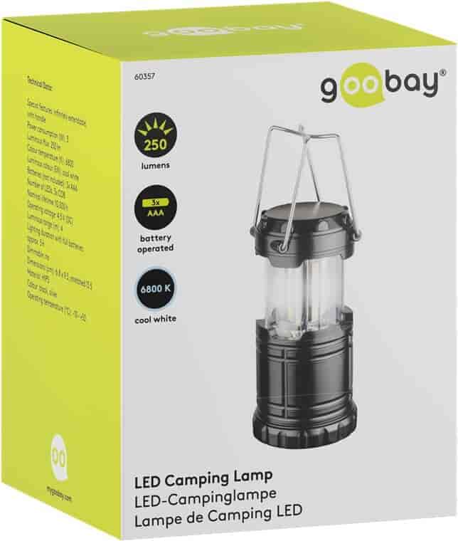 Battery-powered LED lamp High Bright 250Battery-powered camping lamp High Bright 250 LED. The camping lamp is powered by 3 AAA batteries. The camping lantern's lamp head can be pulled out for stepless adjustment of the light cone and 3 pcs. 3 W COB LEDs ensure a high light output of 250 lm and a light range of 4 metres. suitable as a tent lamp and is ideal for leisure, camping, festivals, hiking, fishing, roadside assistance or temporary battery-powered emergency lighting.goobay