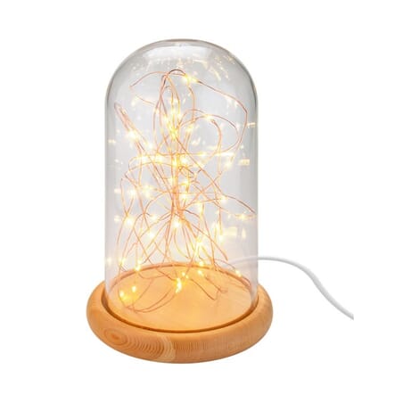 Glass bell with LED micro light chain - elegant and decorative, 19.5 cm. highDecorative glass bell with LED micro light chain and real wooden base, USB cable 115 cm, 5 meter light chain with 50 micro LEDs in warm white (2700 K) and switch (on/off). Elegant decoration that can be easily placed and used for many festive occasions such as Christmas, birthdays or Easter. Powered via USB cable from any USB source. The stylish glass bell is perfect as a gift for any occasion. Height 19.5 cm. Diameter of bell 10 cm.goobay