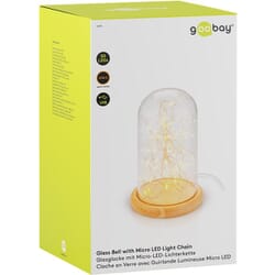 Glass bell with LED micro light chain - elegant and decorative, 19.5 cm. highDecorative glass bell with LED micro light chain and real wooden base, USB cable 115 cm, 5 meter light chain with 50 micro LEDs in warm white (2700 K) and switch (on/off). Elegant decoration that can be easily placed and used for many festive occasions such as Christmas, birthdays or Easter. Powered via USB cable from any USB source. The stylish glass bell is perfect as a gift for any occasion. Height 19.5 cm. Diameter of bell 10 cm.goobay