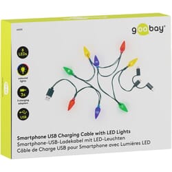 USB charging cable with LED light. For Android smartphones, iPhones, USB-C and Micro-USB, 90 cm.Smartphone USB charging cable with 8 colorful LED lights, charges standard Android smartphones, iPhones, USB-C™ and Micro-USB devices. Charging cable in winter version with beautiful LED. The cable has a MicroUSB, USB-C and Lightning connector and can therefore be used for all your devices.goobay