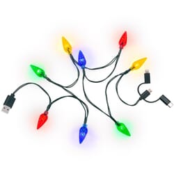 USB charging cable with LED light. For Android smartphones, iPhones, USB-C and Micro-USB, 90 cm.Smartphone USB charging cable with 8 colorful LED lights, charges standard Android smartphones, iPhones, USB-C™ and Micro-USB devices. Charging cable in winter version with beautiful LED. The cable has a MicroUSB, USB-C and Lightning connector and can therefore be used for all your devices.goobay