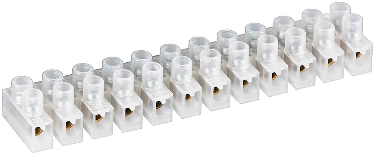 Klemrække - Samlemuffe, 4 mm., 3 Amp.FixPOINTDiverse installlation Transparent (gennemsigtig) Klemrække / samlemuffer til samling af ledning op til 4 mm². Kan bære strømstyrke op til 3 Amp. 12 serie med dobbelt skrueterminal. 