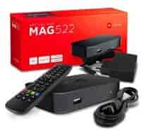 MAG522w3 IPTV Linux mediaplayer 4K HEVC WiFiMAG522w3 is the fifth-generation high-performance Linux-powered set-top box made in the Micro 2 design. The device plays 4K HDR video at 60 fps and supports all modern video codecs, including HEVC.  The device features the Amlogic S905X2 chipset complete with an ARM Cortex-A53 CPU. The device has 1 GB RAM and 4 GB internal storage. The set-top box enables you to achieve performance up to 18,400 DMIPS. MAG522 plays eight-channel Dolby Digital PlusTM audio. Connect your set-top box to a compatible TV or a home theater speaker system to enjoy amazing sound.Infomir