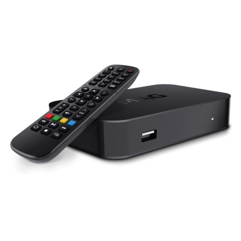 MAG522w3 IPTV Linux mediaplayer 4K HEVC WiFiMAG522w3 is the fifth-generation high-performance Linux-powered set-top box made in the Micro 2 design. The device plays 4K HDR video at 60 fps and supports all modern video codecs, including HEVC.  The device features the Amlogic S905X2 chipset complete with an ARM Cortex-A53 CPU. The device has 1 GB RAM and 4 GB internal storage. The set-top box enables you to achieve performance up to 18,400 DMIPS. MAG522 plays eight-channel Dolby Digital PlusTM audio. Connect your set-top box to a compatible TV or a home theater speaker system to enjoy amazing sound.Infomir
