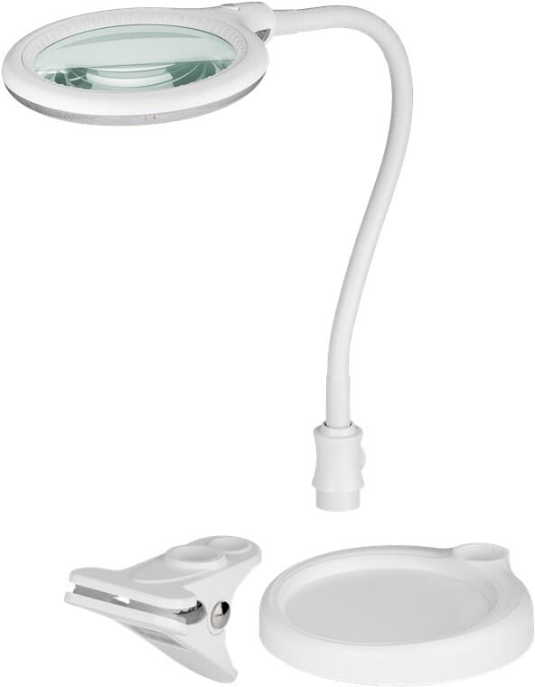 Magnifier lamp, clip-onMagnifier lamp with LED light. 30 SMD LED's that ensures consistent shadow-free lighting. Glass lens diopter 3 with 1.75 x magnification. Can be used as a standing lamp or mounted on the edge of the table via the supplied clip. Adjustable swan neck. 230 V.goobay