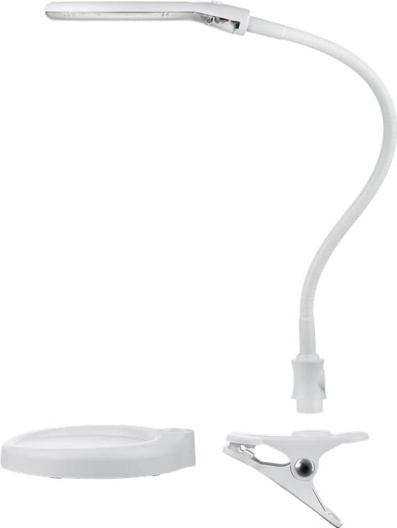 Magnifier lamp, clip-onMagnifier lamp with LED light. 30 SMD LED's that ensures consistent shadow-free lighting. Glass lens diopter 3 with 1.75 x magnification. Can be used as a standing lamp or mounted on the edge of the table via the supplied clip. Adjustable swan neck. 230 V.goobay