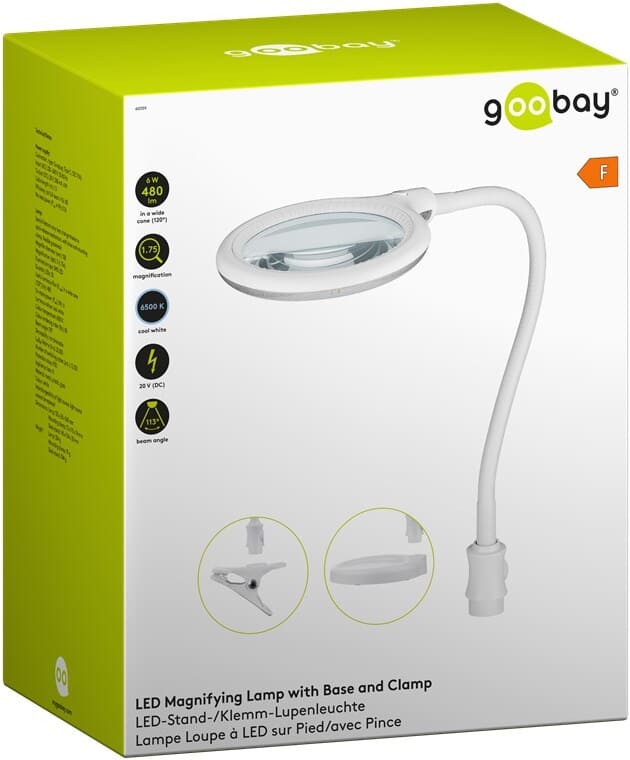 Magnifier lamp, clip-onMagnifier lamp with LED light. 30 SMD LED's that ensures consistent shadow-free lighting. Glass lens diopter 3 with 1.75 x magnification. Can be used as a standing lamp or mounted on the edge of the table via the supplied clip. Adjustable swan neck. 230 V.goobay