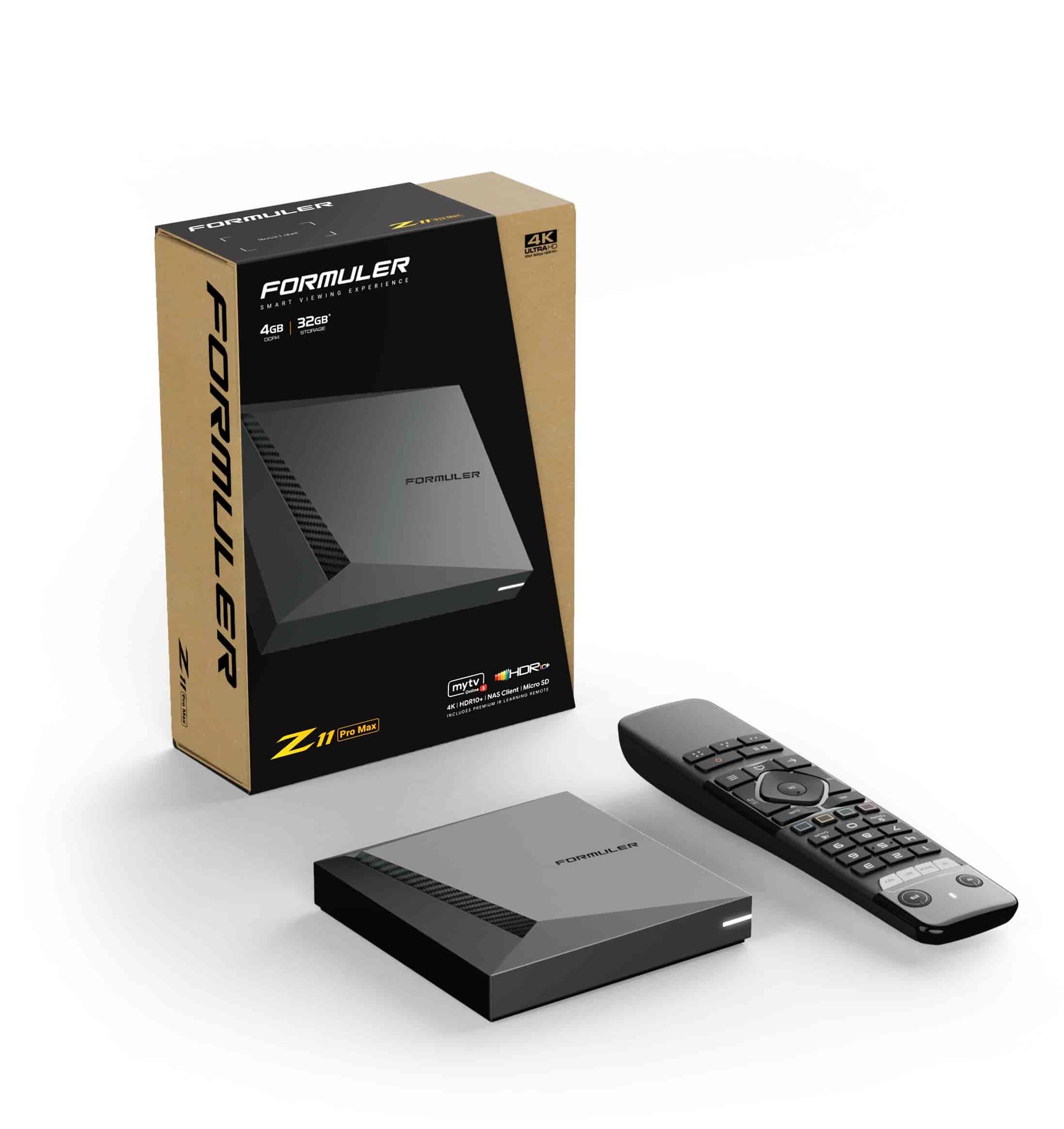 Formular Z11 PROMAX 4K Android 11 OTT Media Streamer 4GB RAM 32GB Flash, WiFiThe fastest Formuler OTT IPTV box ever - 4GB RAM and 32GB STORAGE - Formuler Z11 Pro Max. The all-new Formuler Z11 Pro Max media streamer makes it easy to experience high-quality content on the big screen. The 4 GB RAM enables the most demanding applications to run smoothly. Embedded Widevine Level 1 and 3 DRM provides access to premium ultra high definition content. Android 11 with MYTV online 3.Formuler