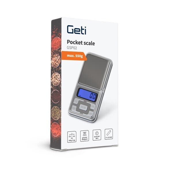 Digital vægt-lommevægt 0,1 g. opløsningGetiMåling, mekanisk Sølv Ultra kompakt digital lommevægt GSP02 er meget præcis, har et attraktivt udseende og alle de nødvendige funktioner. Vægten er velegnet til guldsmede, pantelånere, møntsamlere og hvor det er nødvendigt for at opnå de mest nøjagtige måleresultater. Vægten kan veje i enheder af g, tl, oz, ct, gn, har et baggrundsbelyst LCD-display, dens vejeflade er lavet af rustfrit stål. Lommevægten har et rektangulært design med et kontrolpanel med knapper. Den digitale lommevægt er en lommevægt med one-touch kalibreringsfunktion, pakkevejning, hukommelse, overbelastningsbeskyttelse, lav batteri indikation og en automatisk sluk funktion for at spare batteristrøm.