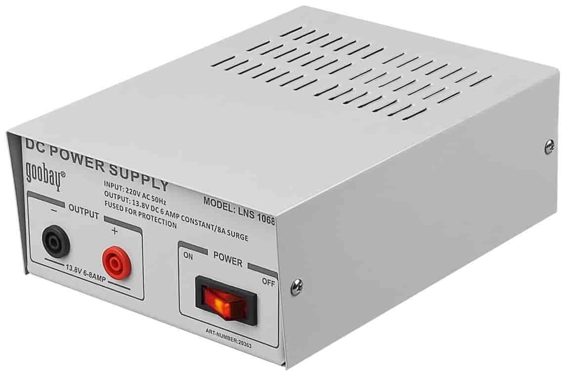 Power supply 230V - 13.8 Volt DC 6 AmpereLinear and stabilized laboratory power supply. Switch mode power supply protected against long term overload with thermal protection and fine-fuse protection. Supports 13.8 volts and 6 Amps (short-term, power can be charged with 8 Amps). DC connection via 4 mm. safety sockets. Perfect for many 12 volt tasks.goobay