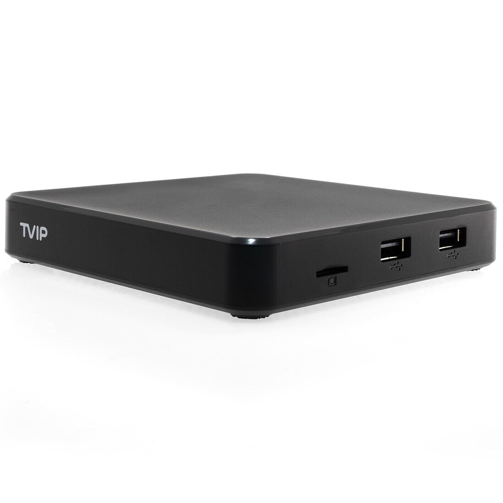 TVIP 605 SE S-Box IPTV 4K HEVC HD Multimedia Stalker IPTV Stream boxTVIP 605 SE - Second Edtion - new design and new Bluetooth remote control. TVIP 605SE is an IPTV device with options to run both Linux or Android OS. Supports full 4K video, 2.4G and 5G wifi, HEVC and much more.TVIP S-Box v.605-SE is the latest development from TVIP, which combines the maximum of technical possibilities and integrated WiFi. The TVIP S-Box v.605 SE console meets all modern requirements for a multimedia device, including support for streaming media, video on demand (VoD), playback of high-quality digital channels, as well as access to OTT content (YouTube, Picasa, online cinema, weather forecast, social networks and others) and even includes a web browser. Supports TVIP, IPTVPORTAL, Stalker, HTML5/JS portals. Amlogic S905X quad core 2GHz, 8 GB flash.1 GB RAMTVIP