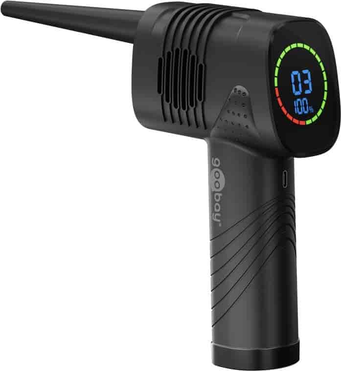 Rechargeable compressed air blow gun with display - 3 steps, 5.2 kPa, 35000 rpm - 90 min. operating time.Rechargeable electric air gun with display and adjustable pressure for touch-free cleaning of PC accessories, household items, car and more. A rechargeable electric air gun is the perfect cleaning aid at home and on the go. Equipped with 3 levels and 5 nozzles, it is suitable for a wide range of tasks - even in places that are difficult to reach. Thanks to the rechargeable batteries, the blow gun is a durable and environmentally friendly alternative to canned compressed air.goobay