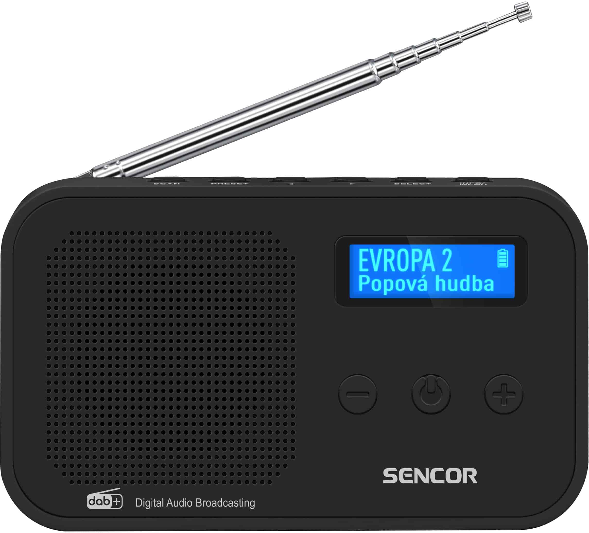 DAB+ og FM radio Sencor SRD 7200 B er en , let og kompakt, genopladelig DAB+ og FM radio, sort