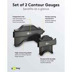 Contour Gauge, Set of 2Contour Gauge, Set of 2. contour gauge duplicators with lock to fix the contour in place. The contour gauge profile tool eliminates the need to create complicated templates when laying laminate, parquet, tiles, vinyl, PVC or carpet. This set of contour gauges is perfect for a wide range of applications. Whether you are a woodworker, metalworker, or even a hobbyist, these tools will greatly enhance your measuring capabilities. Use them to accurately measure and replicate complex shapes, angles, and profiles for precise cutting, shaping, and fitting. From furniture making to automotive restoration, this set will be your go-to tool for achieving flawless results. Invest in this versatile set today and elevate your craftsmanship to new heights.goobay