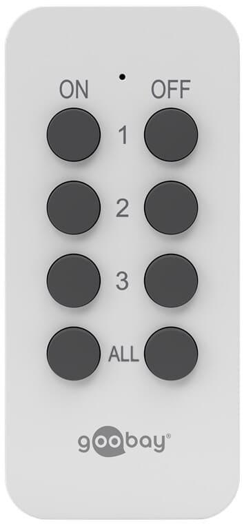 Remote controlled sockets 3+1 230V-1100WComplete set with 3 pcs. remote sockets and associated remote control. Perfect if you need to turn on and off hard-to-reach sockets or just want the ability to turn on and off remotely. Lamps and other electrical equipment up to 1100 Watts can be connected. Range up to 30 meters. Turn your lights on and off from the sofa ....goobay