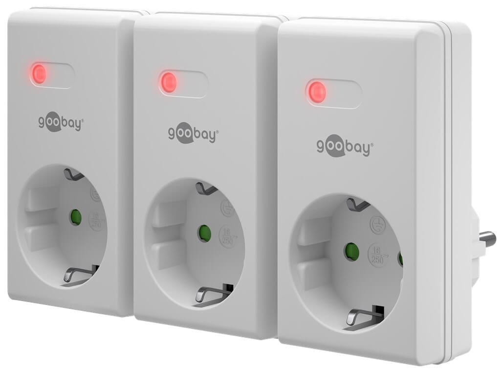 Remote controlled sockets 3+1 230V-1100WComplete set with 3 pcs. remote sockets and associated remote control. Perfect if you need to turn on and off hard-to-reach sockets or just want the ability to turn on and off remotely. Lamps and other electrical equipment up to 1100 Watts can be connected. Range up to 30 meters. Turn your lights on and off from the sofa ....goobay