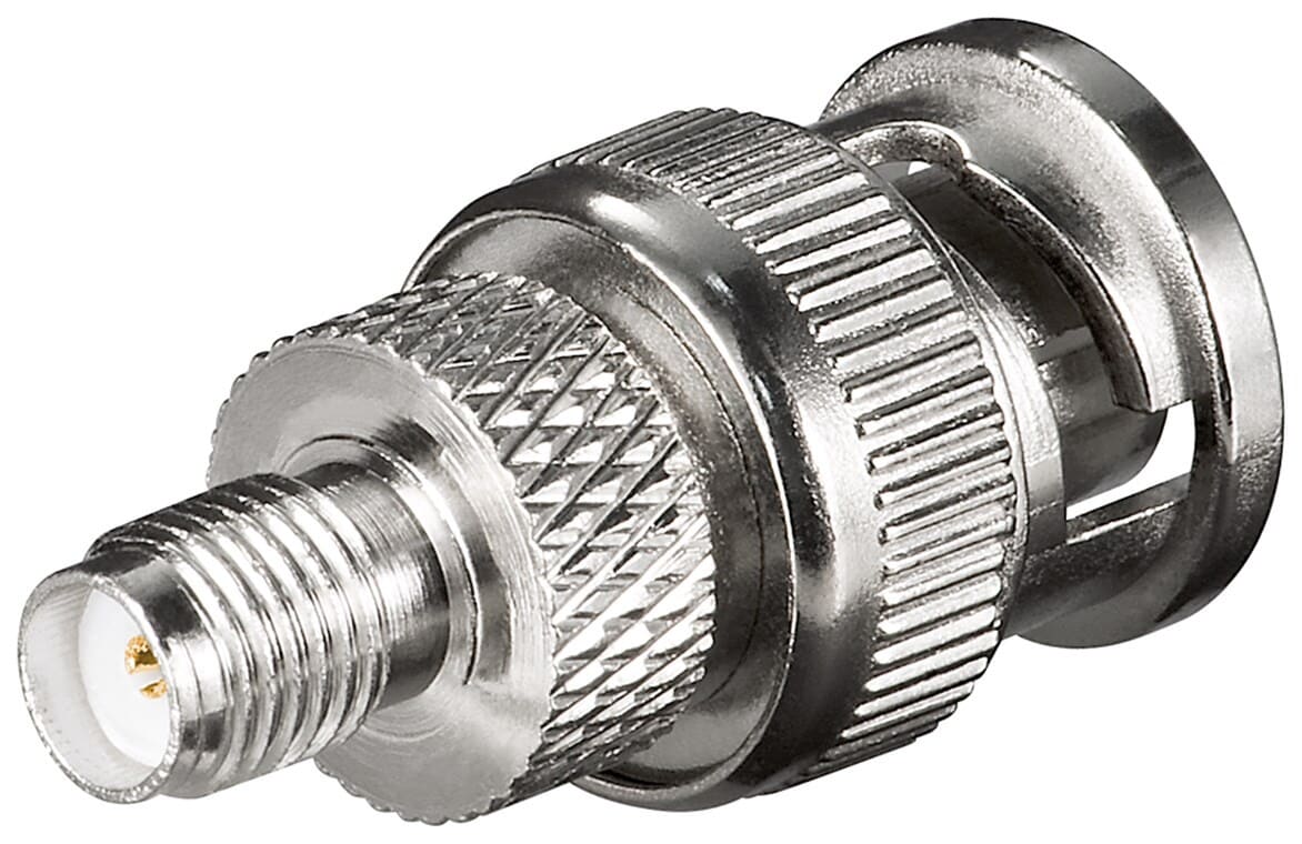 SMA female - BNC male adapter, goldplated, for RG174/U cableRobust adapter SMA female to BNC male with gold-plated contacts, ideal for RG174/U coaxial cables. Provides reliable, high-quality signal transmission with minimal loss. Perfect for professional setups and DIY projects requiring durability and dependable performance. The adapter is ideal for a wide range of applications, including radio equipment, antenna systems, communication devices, video surveillance systems, test instruments (such as oscilloscopes and spectrum analyzers), and wireless or telecom setups where SMA and BNC standards need to be interconnected efficiently and reliably.goobay