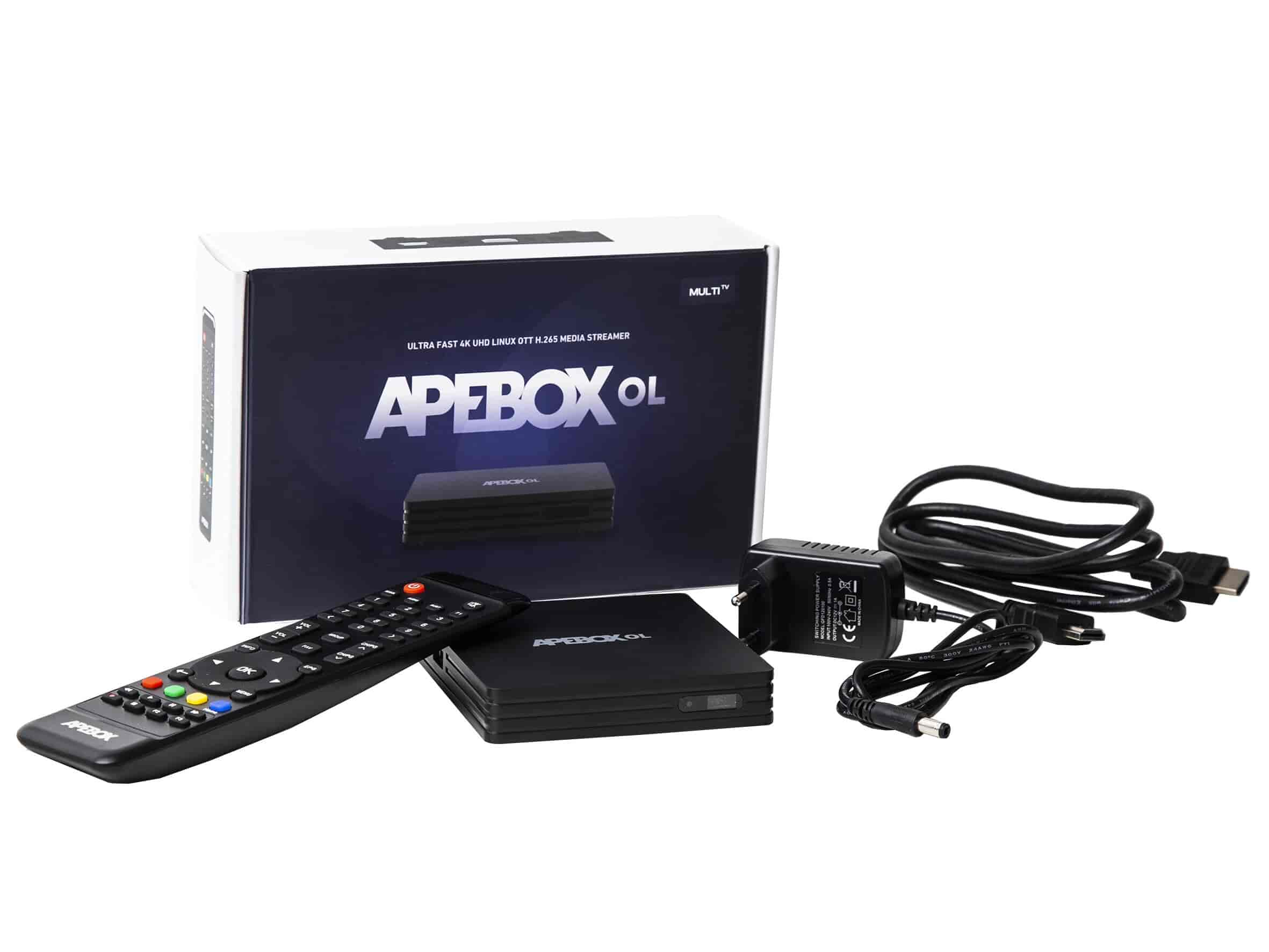 Apebox OL - 4K UHD IPTV box media streamer (Stalker, Xtream,M3U)Apebox OL IPTV is a powerful, stable, fast and user-friendly Linux OTT UHD 2160p IPTV receiver. It supports HDR10 HLG 10 bit H.265 and is ideal for those looking for a simple but effective IPTV Full 4K multimedia receiver at an affordable and absolutely fair price. Multi TV protocol allows processing of Stalker, Xtream and M3U. Dual WiFi, 100 Mbps LAN, HDR10HLG, H.265,VP9, 8 GB Flash, 1 GB DDR3, USB2.0. With a nice new easy-to-use remote control.Apebox OL effortlessly connects to a wide range of streaming services, giving you access to an extensive library of entertainment options. From popular video-on-demand platforms to live TV broadcasts, this versatile device caters to all your streaming needs, offering an extensive selection of channels and shows at your fingertips - supports Stalker, Xtream, M3U.Apebox