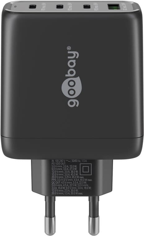 High Power opLader USB-C™ PD multiport hurtigoplader (68W) sort - 4 portegoobayOpladere og kabler Sort High Power USB lader. 3x USB-C™-porte (strømforsyning) og 1x USB-A-port (hurtigopladning). Fleksible forbindelser, stærk ydeevne, høj energieffektivitet og et kompakt design - kombineret i en enkelt High Power oplader. Denne strømforsyningen og oplader  er den perfekte strømforsyning derhjemme og på farten og oplader pålideligt og hurtigt enhver enhed, fra Bluetooth-hovedtelefoner til bærbare computere. USB-C + USB-A udtag. High Power 68W 3 Amp. Kompatibel med smartphonemærker som Apple, Samsung, Xiaomi, LG, Huawei samt tablets som Apple iPad og notebooks fra producenter som Acer, HP og Fujitsu. Lynhurtig opladning og altid strøm nok. 