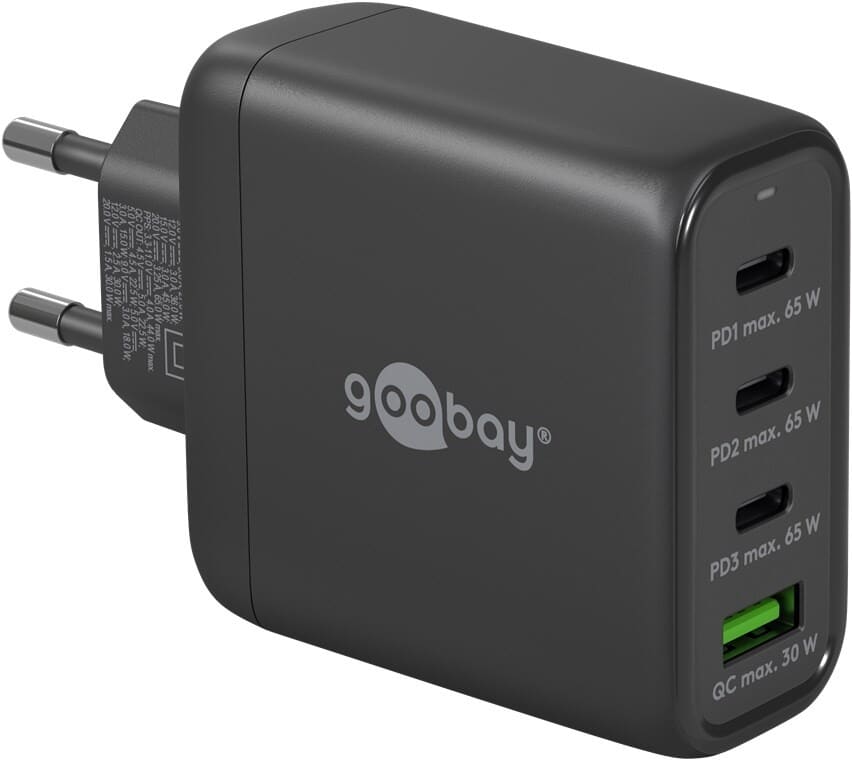 High Power opLader USB-C™ PD multiport hurtigoplader (68W) sort - 4 portegoobayOpladere og kabler Sort High Power USB lader. 3x USB-C™-porte (strømforsyning) og 1x USB-A-port (hurtigopladning). Fleksible forbindelser, stærk ydeevne, høj energieffektivitet og et kompakt design - kombineret i en enkelt High Power oplader. Denne strømforsyningen og oplader  er den perfekte strømforsyning derhjemme og på farten og oplader pålideligt og hurtigt enhver enhed, fra Bluetooth-hovedtelefoner til bærbare computere. USB-C + USB-A udtag. High Power 68W 3 Amp. Kompatibel med smartphonemærker som Apple, Samsung, Xiaomi, LG, Huawei samt tablets som Apple iPad og notebooks fra producenter som Acer, HP og Fujitsu. Lynhurtig opladning og altid strøm nok. 