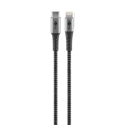 Strong charging and synchronization cable, metal reinforced plug, textile coated cable, MFi Apple certified, 2 MeterThe Lightning charging cable is for super-fast charging with high-speed data transfer up to 480 Mbit/s. Braided textile cable with optimized kink protection, reinforced with metal connectors and is protected against cable breakage. Thanks to the reinforced metal connectors and the textile sheath, the Lightning cable is extremely strong and long-lasting. The charging cable with Apple Lightning connector charges all iOS devices such as Apple iPhone, iPad, iPod or AirPod models (Apple MFi certification). The robust USB-C™ to Lightning cable with a length of 2 meters is extra long and suitable for work, in the home office or at home for those who want high quality. The braided textile jacket on the charger cable provides a comfortable feel and is gentle on sensitive surfaces. . goobay