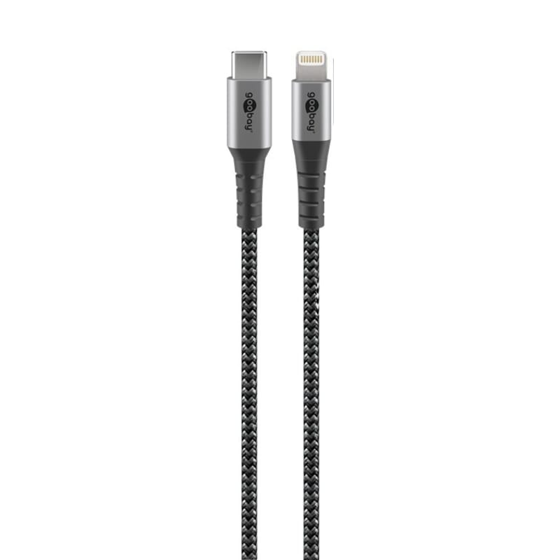 Strong charging and synchronization cable, metal reinforced plug, textile coated cable, MFi Apple certified, 2 MeterThe Lightning charging cable is for super-fast charging with high-speed data transfer up to 480 Mbit/s. Braided textile cable with optimized kink protection, reinforced with metal connectors and is protected against cable breakage. Thanks to the reinforced metal connectors and the textile sheath, the Lightning cable is extremely strong and long-lasting. The charging cable with Apple Lightning connector charges all iOS devices such as Apple iPhone, iPad, iPod or AirPod models (Apple MFi certification). The robust USB-C™ to Lightning cable with a length of 2 meters is extra long and suitable for work, in the home office or at home for those who want high quality. The braided textile jacket on the charger cable provides a comfortable feel and is gentle on sensitive surfaces. . goobay