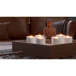 LED tea light with remote control - rechargeable - 6 pcs.LED tea lights with realistic flickering lights give a warm atmosphere - use them indoors, in a dry environment in the garden, on the balcony or on the terrace. The absolutely drip-free, flame-free candles are ideal as safe LED decoration for parties, birthdays, weddings, Christmas, Easter, Halloween etc. The tealights can be controlled with the included remote control. With the 7-button remote control, timers, 5-level dimmers and 2 light modes (steady light, flickering light) can be set. The tea lights can be recharged with a regular USB-A charger. 5V USB charging cable included in the package. Recharging is smart, environmentally friendly and you don't have to change batteries at all. LED tealights fit in all standard tealight holders with a diameter of 3.9 cm.goobay