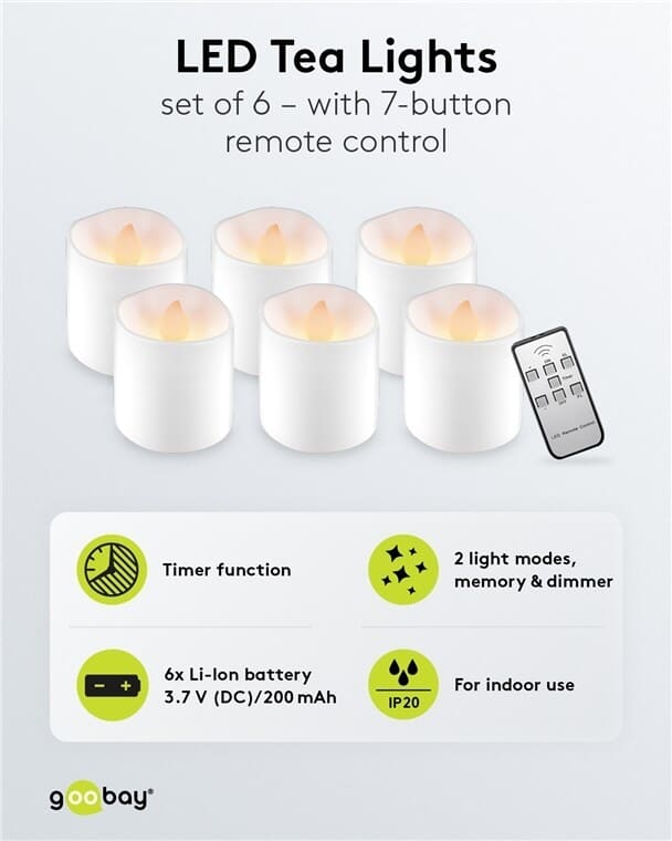 LED fyrfadslys med fjernbetjening - kan genoplades - 6 stk.goobayDekoration Hvid LED fyrfadslys med realistiske flimrende lys giver en en varm stemning - brug dem indendøre, i et tørt miljø i haven, på altanen eller på terrassen. De absolut drypfrie, flammefri stearinlys er ideelle som sikker LED-dekoration til fester, fødselsdage, bryllupper, jul, påske, halloween mm. Fyrfadslysene kan styres med den medfølgende fjernbetjening. Med 7-knaps fjernbetjening kan indstilles timer, 5-niveau dæmper og 2 lystilstande (fast lys, flimrende lys). Fyrfadslysene kan genoplades med en almindelig USB-A lader. 5V USB opladekabel medfølger i pakken. Genopladning er smart, miljøvenligt og du slipper helt for batteriskifte. LED Fyrfadslys passer i alle standard fyrfadsholdere med en diameter på 3.9 cm.