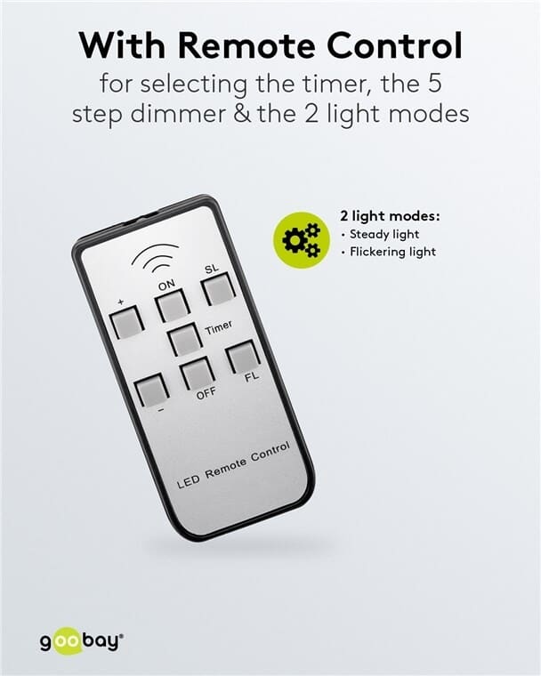 LED fyrfadslys med fjernbetjening - kan genoplades - 6 stk.goobayDekoration Hvid LED fyrfadslys med realistiske flimrende lys giver en en varm stemning - brug dem indendøre, i et tørt miljø i haven, på altanen eller på terrassen. De absolut drypfrie, flammefri stearinlys er ideelle som sikker LED-dekoration til fester, fødselsdage, bryllupper, jul, påske, halloween mm. Fyrfadslysene kan styres med den medfølgende fjernbetjening. Med 7-knaps fjernbetjening kan indstilles timer, 5-niveau dæmper og 2 lystilstande (fast lys, flimrende lys). Fyrfadslysene kan genoplades med en almindelig USB-A lader. 5V USB opladekabel medfølger i pakken. Genopladning er smart, miljøvenligt og du slipper helt for batteriskifte. LED Fyrfadslys passer i alle standard fyrfadsholdere med en diameter på 3.9 cm.