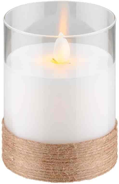 LED Wax candle in light, with a beautiful flame effect. Set with 3 heights, timer function.Beautiful LED wax candles in 3 different heights. Mounted in glass with hemp wrapping. You can quickly create beautiful, safe and cozy lighting. Used in all places where there is a need for beautiful cozy lighting. Realistic flickering flame effect with swinging wicks and natural materials create a rustic elegance. Battery operated candles are ideal as a safe decoration for living rooms, bedrooms, offices, in elderly care, restaurants or schools and spaces where open flames are not desirable or permitted. Smart timer that automatically switches the beautiful lighting on and off.goobay