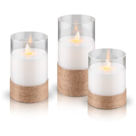 LED Wax candle in light, with a beautiful flame effect. Set with 3 heights, timer function.Beautiful LED wax candles in 3 different heights. Mounted in glass with hemp wrapping. You can quickly create beautiful, safe and cozy lighting. Used in all places where there is a need for beautiful cozy lighting. Realistic flickering flame effect with swinging wicks and natural materials create a rustic elegance. Battery operated candles are ideal as a safe decoration for living rooms, bedrooms, offices, in elderly care, restaurants or schools and spaces where open flames are not desirable or permitted. Smart timer that automatically switches the beautiful lighting on and off.goobay