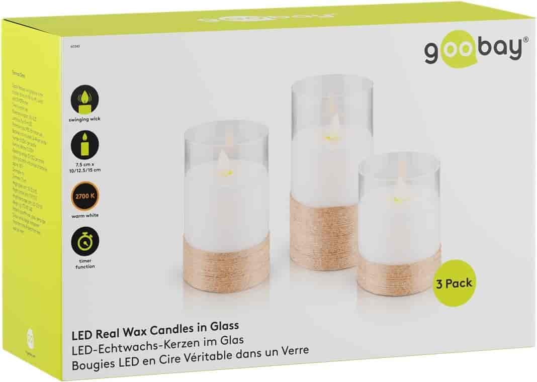 LED Wax candle in light, with a beautiful flame effect. Set with 3 heights, timer function.Beautiful LED wax candles in 3 different heights. Mounted in glass with hemp wrapping. You can quickly create beautiful, safe and cozy lighting. Used in all places where there is a need for beautiful cozy lighting. Realistic flickering flame effect with swinging wicks and natural materials create a rustic elegance. Battery operated candles are ideal as a safe decoration for living rooms, bedrooms, offices, in elderly care, restaurants or schools and spaces where open flames are not desirable or permitted. Smart timer that automatically switches the beautiful lighting on and off.goobay