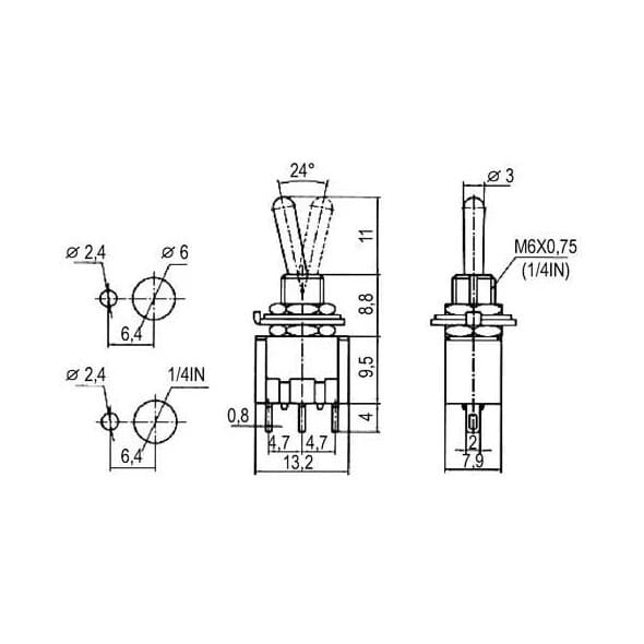 Toggle switch with spring, 3 pole (on)-off-(on)Toggle switch with spring function. From both ON positions it is automatically returned to the OFF position. The switch is thus only in the ON position as long as it is pressed.N.A.