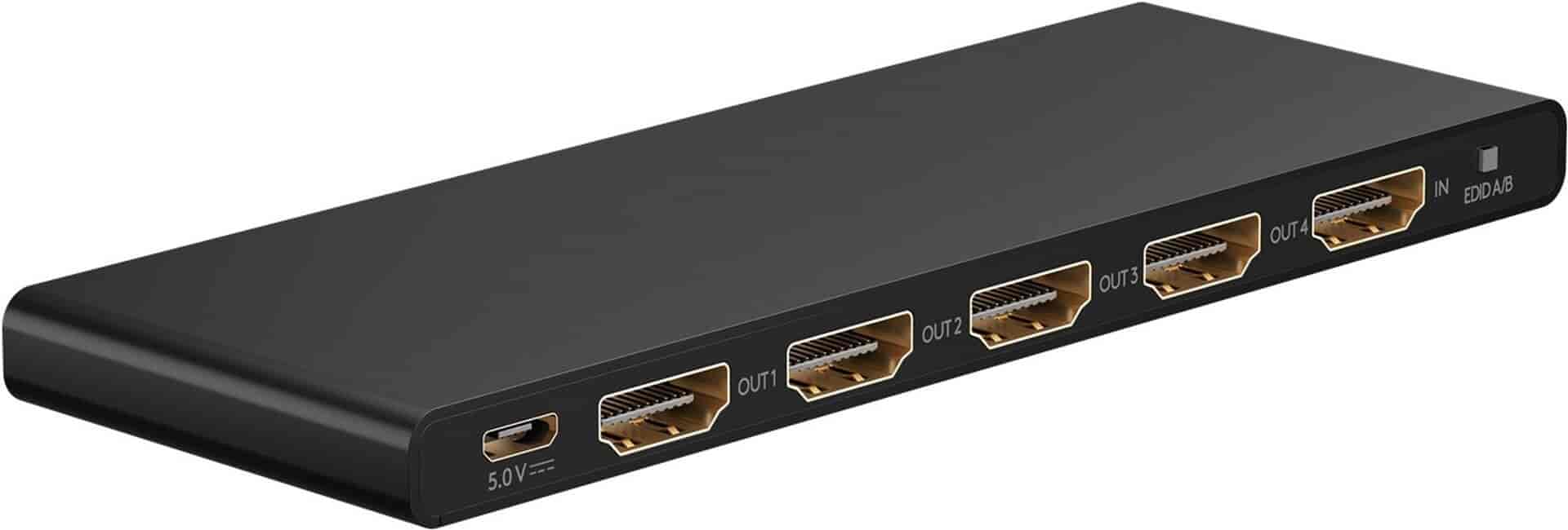 HDMI Splitter 1 til 4. Del nemt HDMI signal til flere skærme, 4K UHD 60 HzgoobayHDMI kabel Sort Denne HDMI splitter har en indgang og fire udgange. Du tilslutter en enhed (f.eks. en spilkonsol, dvd-afspiller eller computer) til indgangen og kan dele signalet til op til fire forskellige HDMI skærme eller enheder. Nyttig, når du har én HDMI kildeenhed, som du vil vise på flere HDMI skærme samtidig, som f.eks. i et klasseværelser, konferenceværelser eller hjemmebiografopsætning. Understøtter 4K @ 60 Hz og er bagud kompatibel. Del nemt HDMI signal ud til flere skærme.
