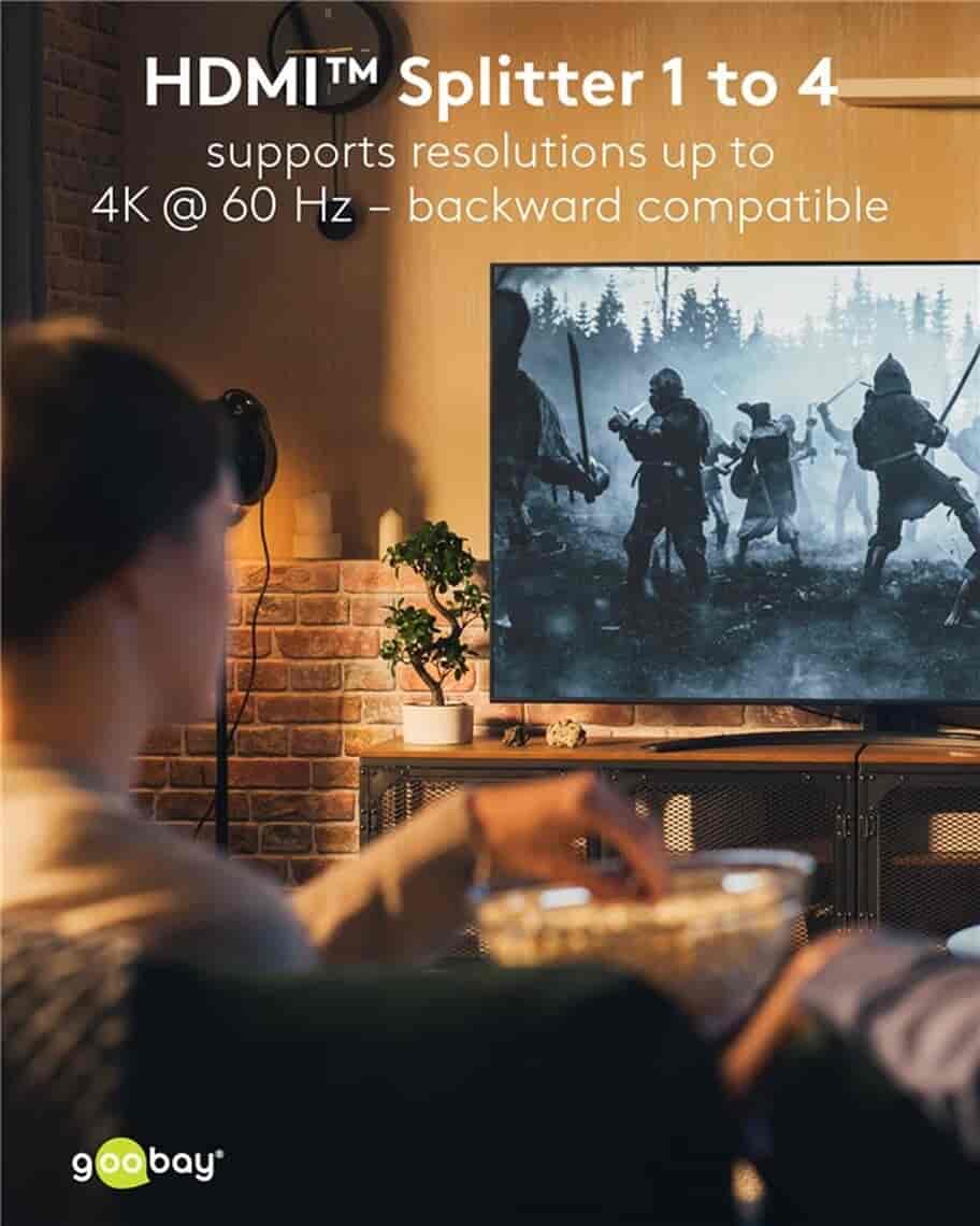 HDMI Splitter 1 til 4. Del nemt HDMI signal til flere skærme, 4K UHD 60 HzgoobayHDMI kabel Sort Denne HDMI splitter har en indgang og fire udgange. Du tilslutter en enhed (f.eks. en spilkonsol, dvd-afspiller eller computer) til indgangen og kan dele signalet til op til fire forskellige HDMI skærme eller enheder. Nyttig, når du har én HDMI kildeenhed, som du vil vise på flere HDMI skærme samtidig, som f.eks. i et klasseværelser, konferenceværelser eller hjemmebiografopsætning. Understøtter 4K @ 60 Hz og er bagud kompatibel. Del nemt HDMI signal ud til flere skærme.