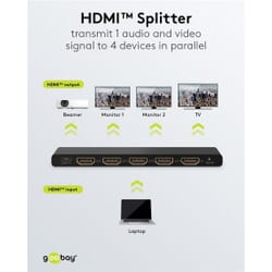 HDMI Splitter 1 til 4. Del nemt HDMI signal til flere skærme, 4K UHD 60 HzgoobayHDMI kabel Sort Denne HDMI splitter har en indgang og fire udgange. Du tilslutter en enhed (f.eks. en spilkonsol, dvd-afspiller eller computer) til indgangen og kan dele signalet til op til fire forskellige HDMI skærme eller enheder. Nyttig, når du har én HDMI kildeenhed, som du vil vise på flere HDMI skærme samtidig, som f.eks. i et klasseværelser, konferenceværelser eller hjemmebiografopsætning. Understøtter 4K @ 60 Hz og er bagud kompatibel. Del nemt HDMI signal ud til flere skærme.