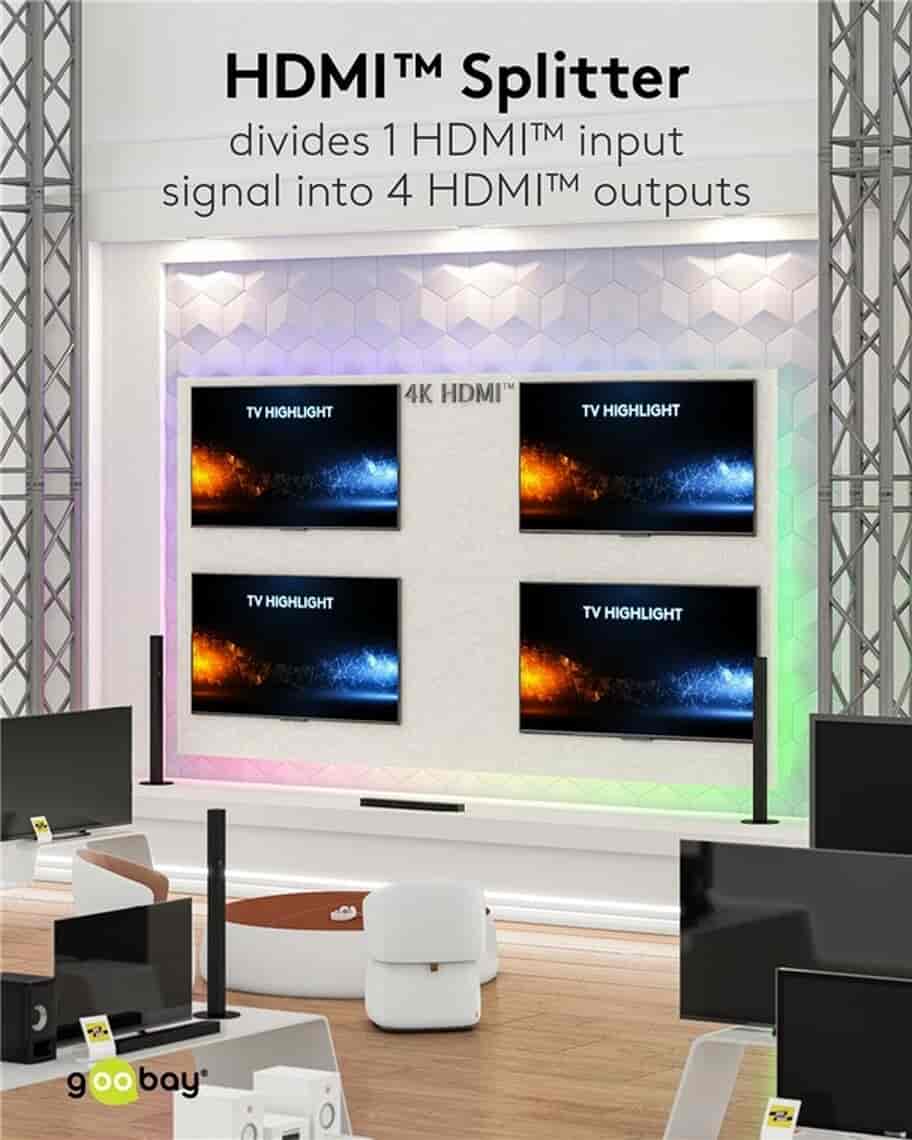 HDMI Splitter 1 til 4. Del nemt HDMI signal til flere skærme, 4K UHD 60 HzgoobayHDMI kabel Sort Denne HDMI splitter har en indgang og fire udgange. Du tilslutter en enhed (f.eks. en spilkonsol, dvd-afspiller eller computer) til indgangen og kan dele signalet til op til fire forskellige HDMI skærme eller enheder. Nyttig, når du har én HDMI kildeenhed, som du vil vise på flere HDMI skærme samtidig, som f.eks. i et klasseværelser, konferenceværelser eller hjemmebiografopsætning. Understøtter 4K @ 60 Hz og er bagud kompatibel. Del nemt HDMI signal ud til flere skærme.