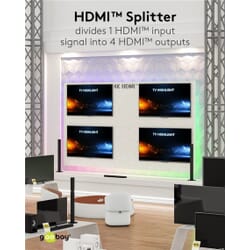 HDMI Splitter 1 til 4. Del nemt HDMI signal til flere skærme, 4K UHD 60 HzgoobayHDMI kabel Sort Denne HDMI splitter har en indgang og fire udgange. Du tilslutter en enhed (f.eks. en spilkonsol, dvd-afspiller eller computer) til indgangen og kan dele signalet til op til fire forskellige HDMI skærme eller enheder. Nyttig, når du har én HDMI kildeenhed, som du vil vise på flere HDMI skærme samtidig, som f.eks. i et klasseværelser, konferenceværelser eller hjemmebiografopsætning. Understøtter 4K @ 60 Hz og er bagud kompatibel. Del nemt HDMI signal ud til flere skærme.