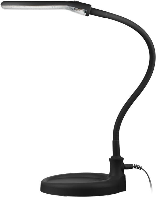 Luplampe LED, bordmodel clip-on, SortgoobayLuplamper Sort Luplampe med LED lys. Luplampe med 30 stk. SMD LED der sikrer ensartet skyggefri belysning. Glaslinse diopter 3 med 1.75 x forstørrelse. Kan anvendes som stående luplampe eller monteres på bordkant via medfølgende klemme. Justerbar svanehals. 230 V.