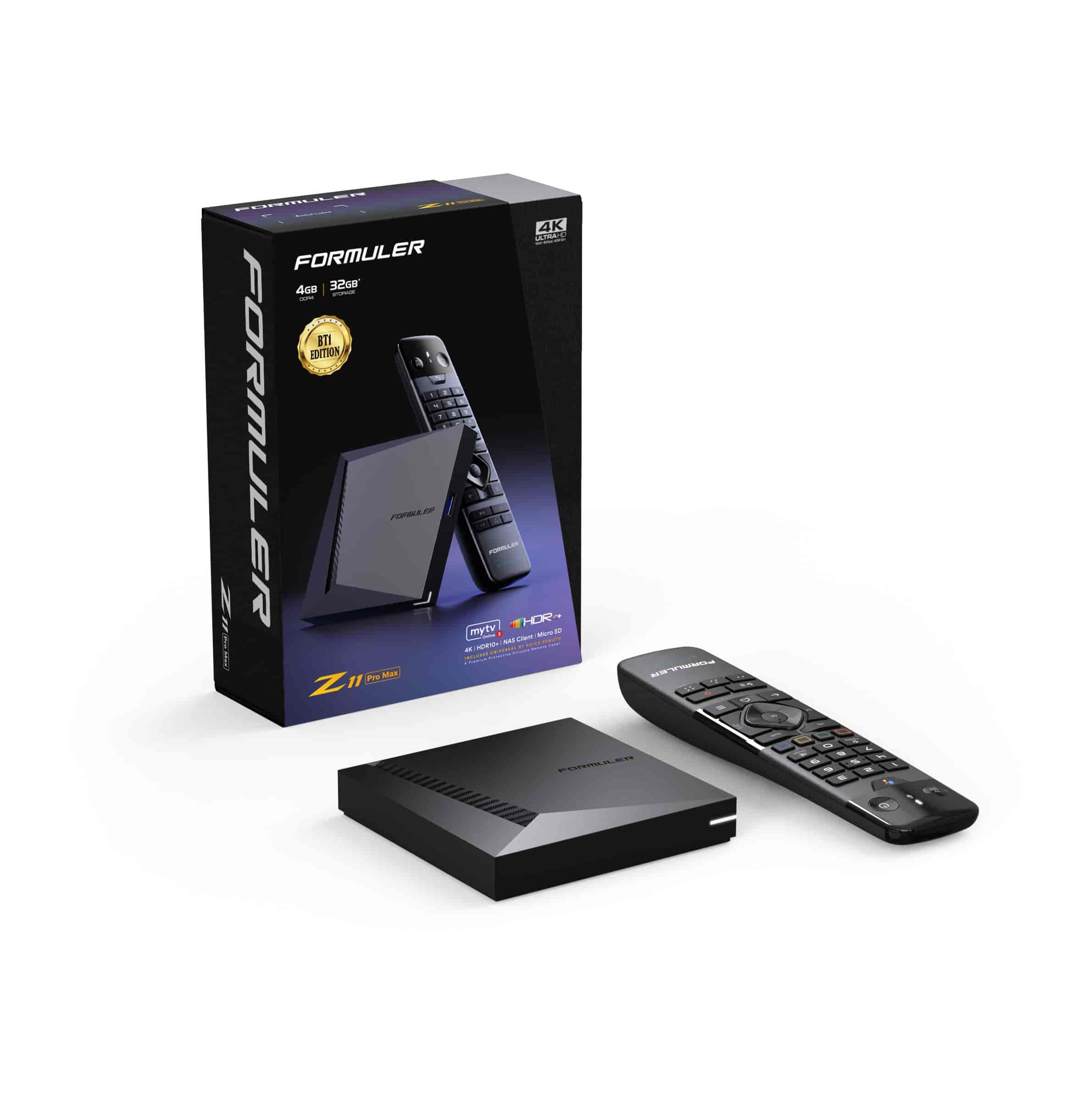 Formuler Z11 Pro Max BT1Formuler Z11 Pro Max BT1 Edition is a powerful 4K smart multimedia IPTV receiver. The Formula Z11 Pro 4K runs on the Android 11 operating system and brings some new features such as MYTVOnline 3 Media Viewing Client, Wifi 6, 1GB LAN and its RealTek RTD1319C CPU. The Z11 Pro Max BT1 Edition also has a Mali-G57 MC1 GPU, as well as 4 GB DDR4 RAM memory and 32 GB eMMC Flash. The storage space can be easily and conveniently expanded using a micro SD card. HDR compatibility allows you to receive a larger color spectrum and therefore reproduce very realistic color images. The dual-band 2x2 AC WiFi module can also play internet content. This exclusive BT1 version of the Formuler Z11 Pro Max is not just an upgrade, it is a technological leap that sets a new standard for streaming devices.Formuler