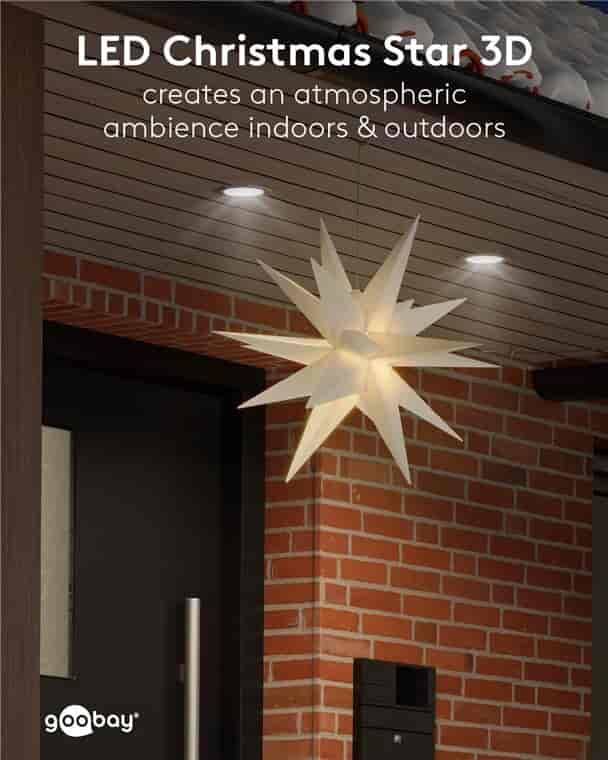 LED Christmas star 3D, Ø 56 cm, 4.5 V external transformer, indoors and outdoorsCreate a magical atmosphere in your home or outdoor area with our 3D LED poinsettia. This beautifully designed outdoor star has a diameter of 56 cm and comes with a practical 4.5-V outdoor transformer that ensures safe and reliable operation. The star is equipped with a handy timer function that allows you to set it to light up for 6 hours and then turn off automatically for 18 hours. This makes it easy to save energy and extend the lifetime of the star's LED lighting. The warm white glow with a color temperature of 3000 K creates a cozy and festive atmosphere, perfect for Christmas decorations both indoors and outdoors.goobay