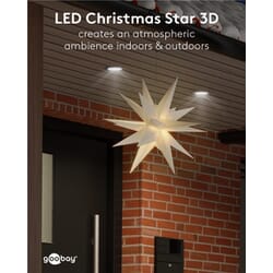 LED Christmas star 3D, Ø 56 cm, 4.5 V external transformer, indoors and outdoorsCreate a magical atmosphere in your home or outdoor area with our 3D LED poinsettia. This beautifully designed outdoor star has a diameter of 56 cm and comes with a practical 4.5-V outdoor transformer that ensures safe and reliable operation. The star is equipped with a handy timer function that allows you to set it to light up for 6 hours and then turn off automatically for 18 hours. This makes it easy to save energy and extend the lifetime of the star's LED lighting. The warm white glow with a color temperature of 3000 K creates a cozy and festive atmosphere, perfect for Christmas decorations both indoors and outdoors.goobay