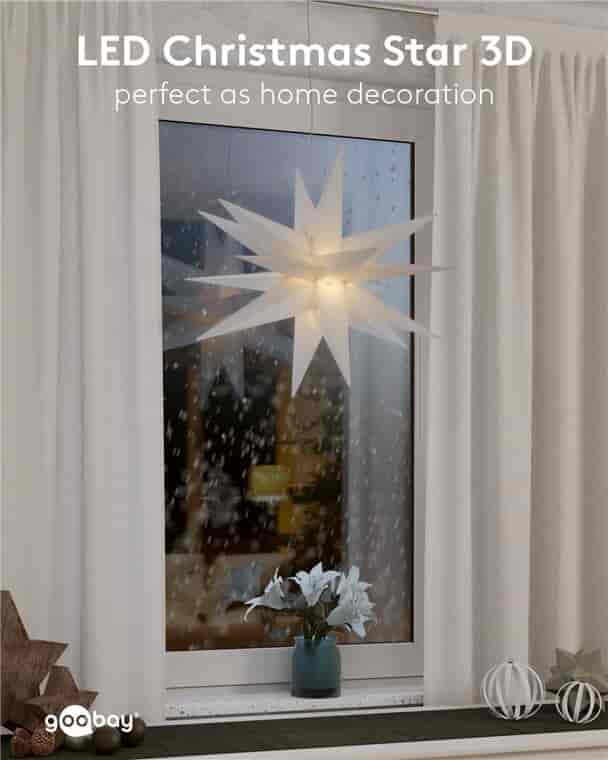 LED Christmas star 3D, Ø 56 cm, 4.5 V external transformer, indoors and outdoorsCreate a magical atmosphere in your home or outdoor area with our 3D LED poinsettia. This beautifully designed outdoor star has a diameter of 56 cm and comes with a practical 4.5-V outdoor transformer that ensures safe and reliable operation. The star is equipped with a handy timer function that allows you to set it to light up for 6 hours and then turn off automatically for 18 hours. This makes it easy to save energy and extend the lifetime of the star's LED lighting. The warm white glow with a color temperature of 3000 K creates a cozy and festive atmosphere, perfect for Christmas decorations both indoors and outdoors.goobay