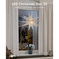 LED Christmas star 3D, Ø 56 cm, 4.5 V external transformer, indoors and outdoorsCreate a magical atmosphere in your home or outdoor area with our 3D LED poinsettia. This beautifully designed outdoor star has a diameter of 56 cm and comes with a practical 4.5-V outdoor transformer that ensures safe and reliable operation. The star is equipped with a handy timer function that allows you to set it to light up for 6 hours and then turn off automatically for 18 hours. This makes it easy to save energy and extend the lifetime of the star's LED lighting. The warm white glow with a color temperature of 3000 K creates a cozy and festive atmosphere, perfect for Christmas decorations both indoors and outdoors.goobay