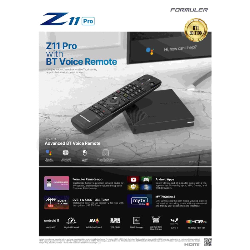 Formuler Z11 Pro BT1-Edition 4K UHD Android 11 Récepteur IP HDR10, Dual  WiFi, HDMI, USB 3.0, MicroSD : : High-Tech