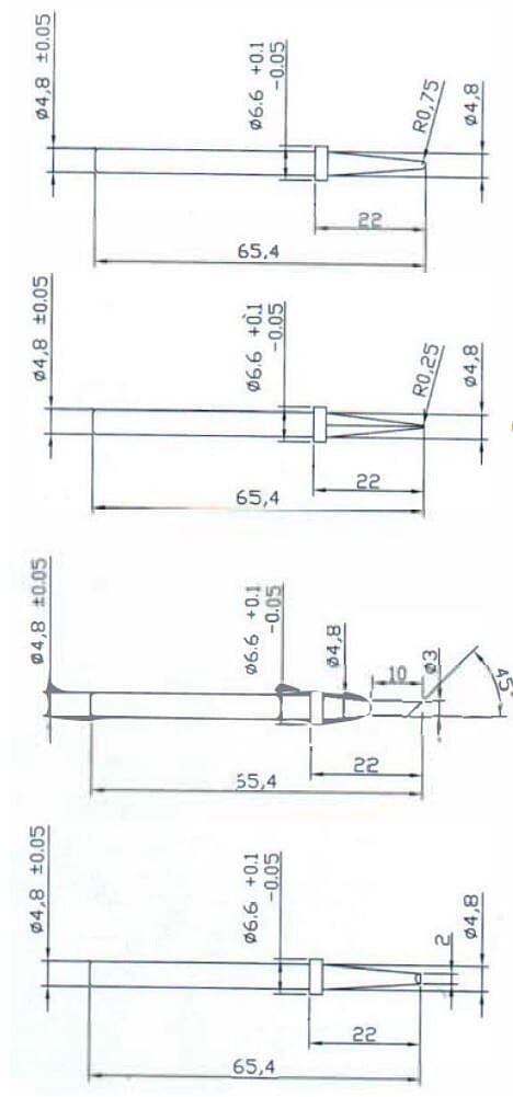 Loddespidse for AP2 loddekolbe. Loddekolbe spidse dimension