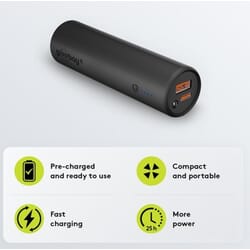 Power bank for bicycle - Bike Power Bank 5.0 (5,000 mAh), USB-A QC, USB-CBike Power Bank 5.0 – your ultimate companion for long bike rides! The Bike Power Bike Power Bank is designed to keep you charged and connected wherever your adventure takes you. Mounts easily on all handlebars and frames with a diameter of up to 26 mm. Keep power on the bike computer and smartphone. Thanks to the compact housing, the power bank fits in any pocket and is the ideal companion on the go and for camping. USB-A port with Quick Charge (output) and a USB-C™ PD port (power supply, input/output). Both ports offer fast charging technology. Built-in LED lightgoobay