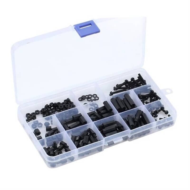 2.5 mm. and 3 mm. insulation set, black nylon, 211 part assortment. M2.5 M3 Plastic assortmentThis assortment of nylon spacers, nuts and screws is ideal for electronics and mechanical projects. The set includes: 10 pcs of each M3x6+20, M3x6+15, M3x6+12, M3x6+10, M3x6+8, M3x6+6 spacers; 60 M3 nuts; 10 M2.5 nuts; 60 M3 screws; 10 M2.5x6 screws; 10 M2.5x6+11 spacers; and 1 screwdriver. This versatile kit is perfect for PCB assembly, prototyping, enclosures and DIY electronics. The nylon material ensures excellent electrical insulation, durability and lightweight attachment. A total of 211 parts.Hadex 2.5 mm. and 3 mm. insulation set, black nylon, 211 part assortment. M2.5 M3 Plastic assortmentThis assortment of nylon spacers, nuts and screws is ideal for electronics and mechanical projects. The set includes: 10 pcs of each M3x6+20, M3x6+15, M3x6+12, M3x6+10, M3x6+8, M3x6+6 spacers; 60 M3 nuts; 10 M2.5 nuts; 60 M3 screws; 10 M2.5x6 screws; 10 M2.5x6+11 spacers; and 1 screwdriver. This versatile kit is perfect for PCB assembly, prototyping, enclosures and DIY electronics. The nylon material ensures excellent electrical insulation, durability and lightweight attachment. A total of 211 parts.Hadex