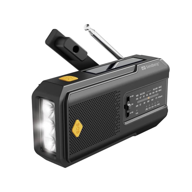 Emergency Radio with Hand Crank - Your Essential All-in-One Survival RadioIf the power goes out during a crisis, having a reliable emergency radio with a hand crank is essential. Recommended by authorities as part of your emergency preparedness, the Radio All-in-1 2000 ensures you stay informed even when internet and phone networks fail. This compact, robust device is more than just an emergency radio; it’s your all-in-one solution for any emergency or outdoor adventure. With AM/FM reception, multiple charging options—including USB, solar, and hand crank—and a built-in 2000 mAh power bank, it keeps your smartphone charged and you connected. It also features a powerful LED flashlight, SOS function, and up to 20 hours of radio playtime. Be prepared—order your emergency radio with a hand crank today!Sandberg Emergency Radio with Hand Crank - Your Essential All-in-One Survival RadioIf the power goes out during a crisis, having a reliable emergency radio with a hand crank is essential. Recommended by authorities as part of your emergency preparedness, the Radio All-in-1 2000 ensures you stay informed even when internet and phone networks fail. This compact, robust device is more than just an emergency radio; it’s your all-in-one solution for any emergency or outdoor adventure. With AM/FM reception, multiple charging options—including USB, solar, and hand crank—and a built-in 2000 mAh power bank, it keeps your smartphone charged and you connected. It also features a powerful LED flashlight, SOS function, and up to 20 hours of radio playtime. Be prepared—order your emergency radio with a hand crank today!Sandberg